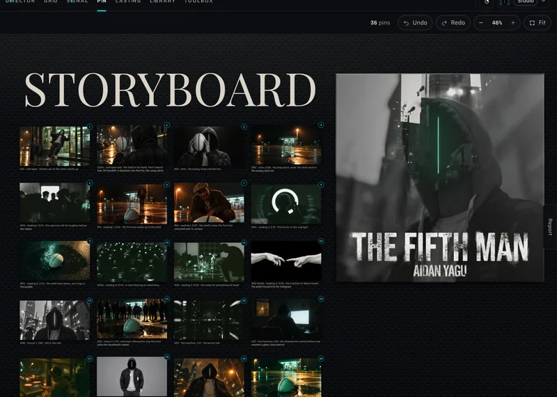 Pin: a storyboard wall of numbered frames for The Fifth Man